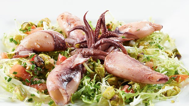 Calamari Salad Sautéed with Warm Pistachio Vinaigrette by Chef Gerald Hirigoyen