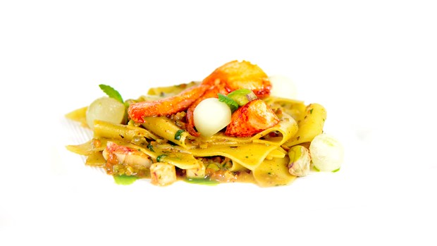 Mint Stracci Pasta with Pistachios, Melon and Lobster by Chef Omar Allievi